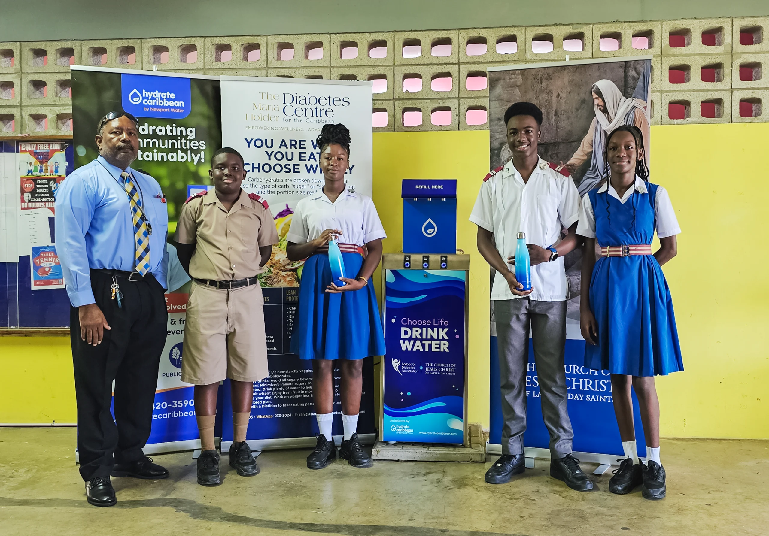 Hydrate Caribbean - Deighton Griffith School - Group Shot - Principal + Students - LDS Church - Diabetes Foundation - Barbados