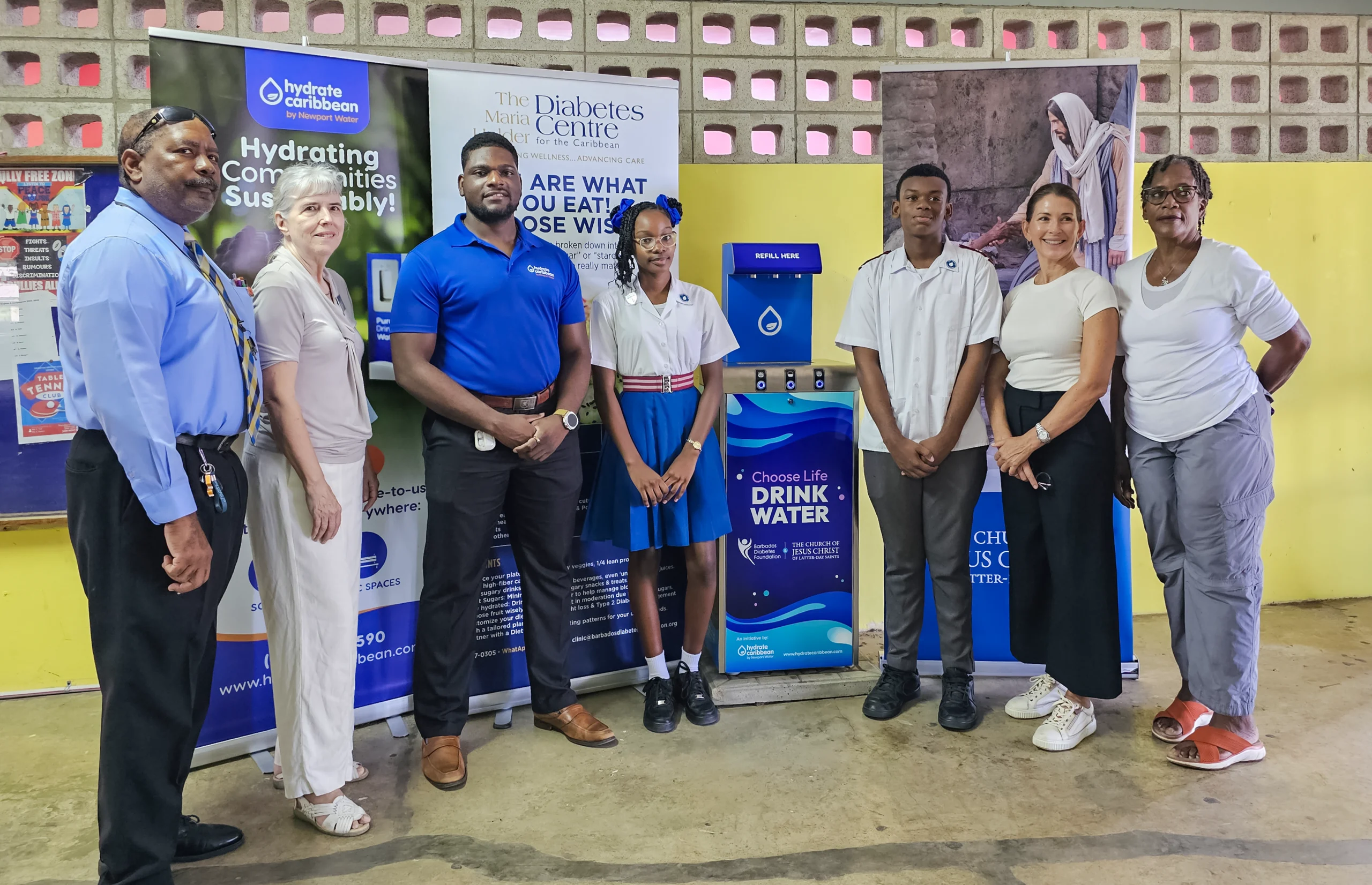 Hydrate Caribbean - Deighton Griffith School - Group Shot - Principal + Students + Sponsors - LDS Church - Diabetes Foundation - Barbados